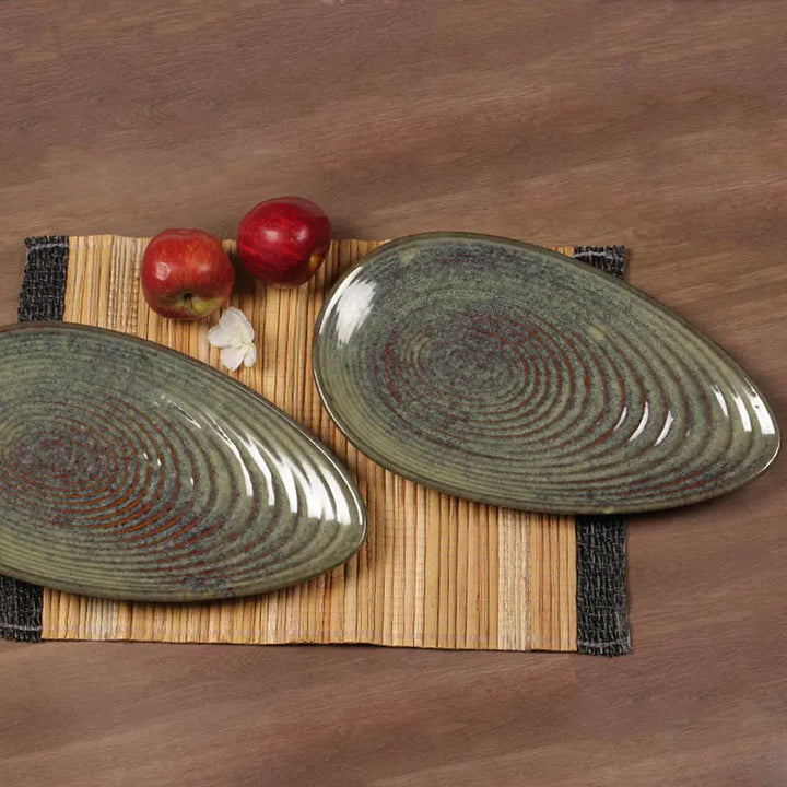 Green Ceramic Serving Platter Set | Handmade Ceramic Serving Platter Set of 2 - Dark Olive Green