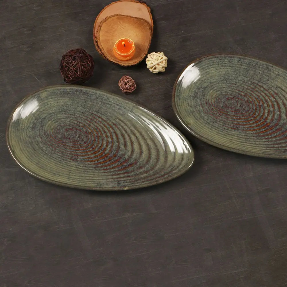 Large Dark Olive Green Ceramic Serving Platter Set | Handmade Ceramic Large Serving Platter Set of 2 - Dark Olive Green