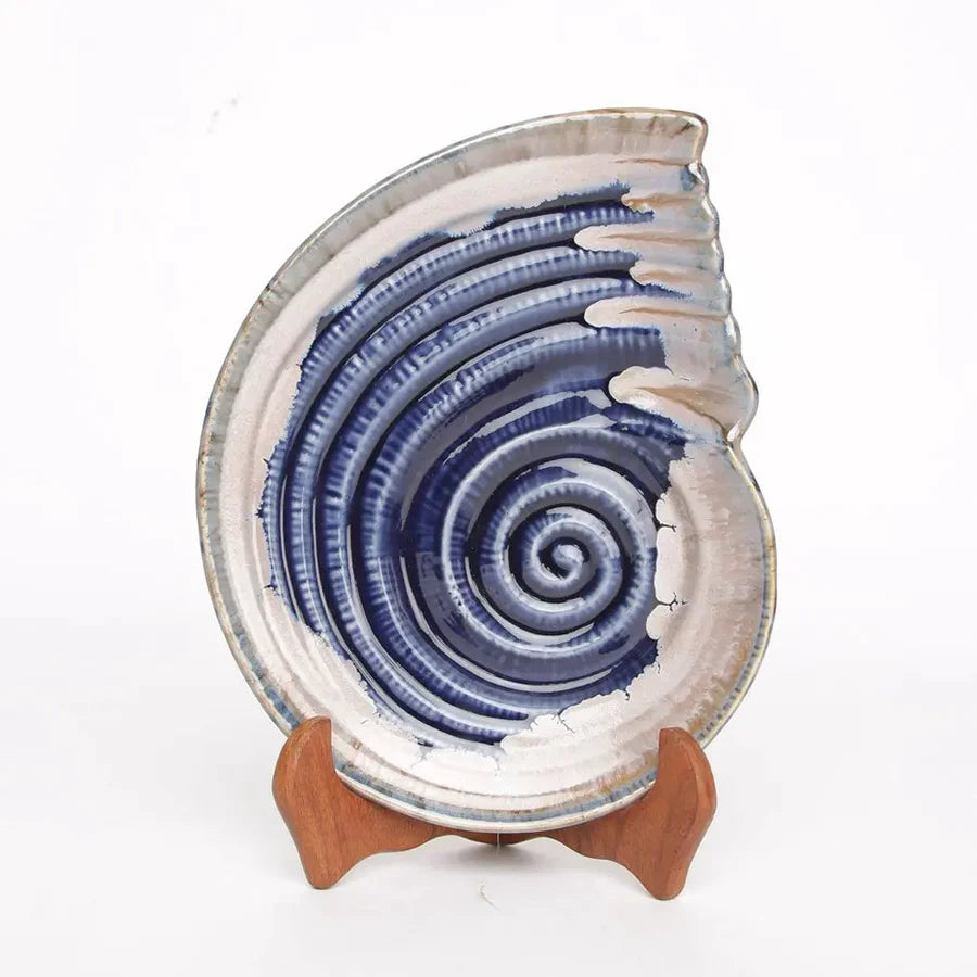 Midnight Blue and Snowy White Shell Platter - 12 | Artistic Ceramic Serving Shell Platter - Blue