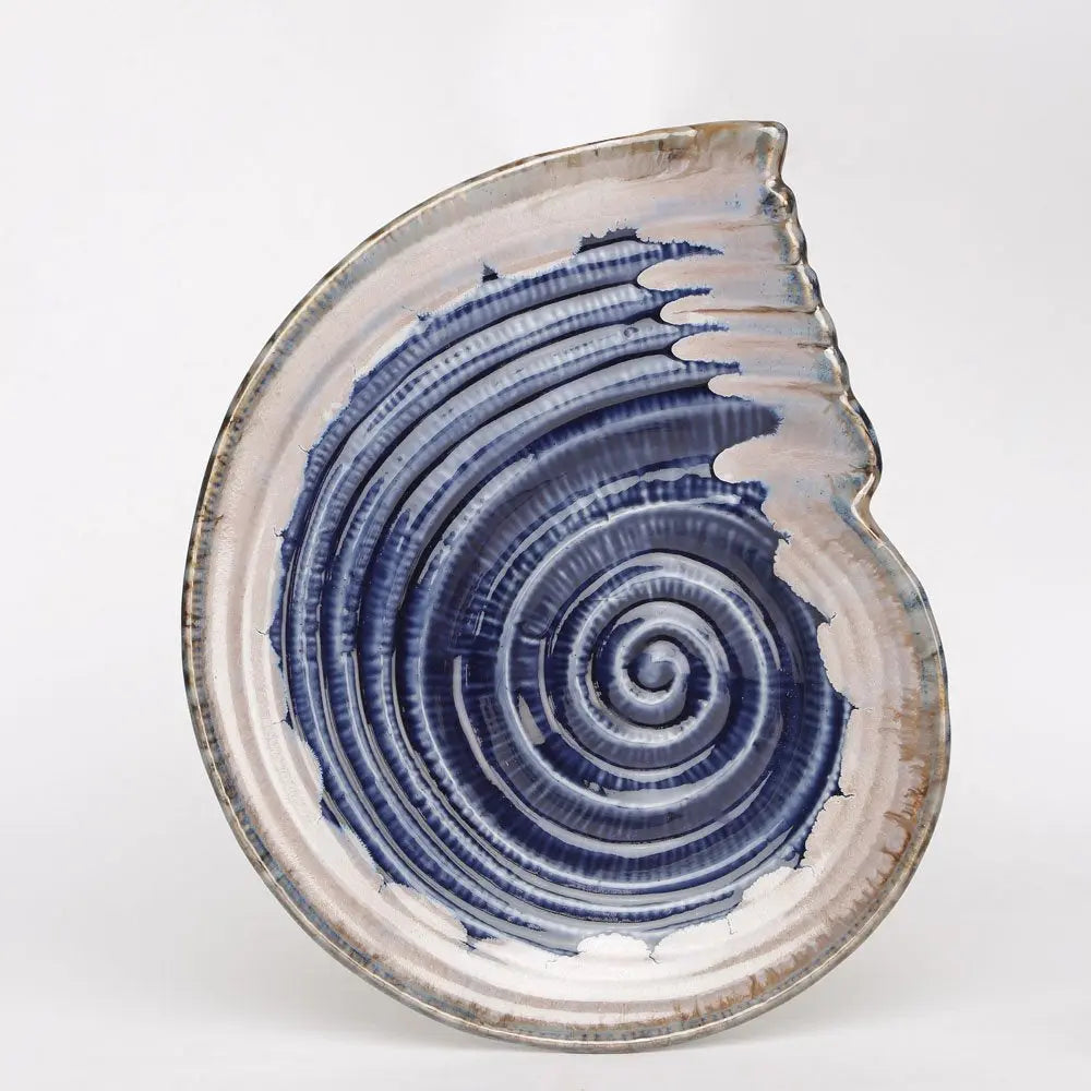 Midnight Blue and Snowy White Shell Platter - 12 | Artistic Ceramic Serving Shell Platter - Blue
