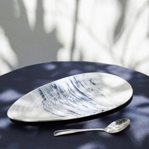 13-inch Oval Ceramic Serving Platter, White & Blue | Handmade Ceramic Oval Serving Platter - White & Blue