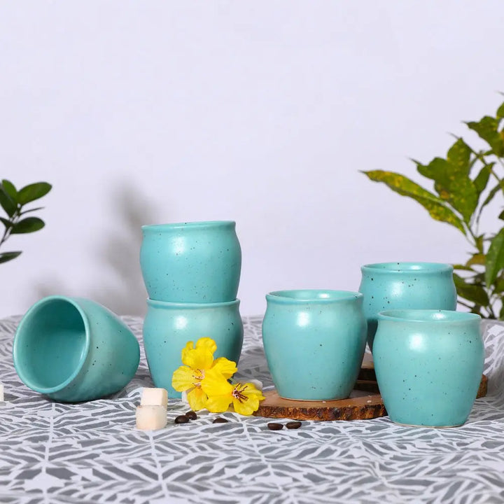 Handmade Ceramic Tea Set - Set of 6 - Light Aqua | Handmade Ceramic Tea Kulhad Set of 6 - Light Aqua