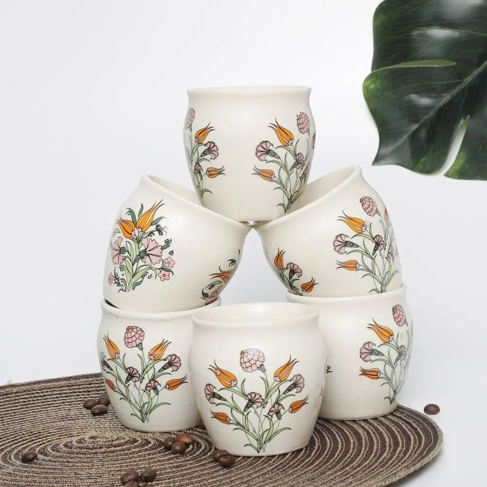 Ceramic Tea Kulhad Set of 2 - White - Orange Tulip Design | Exclusive Orange Tulip Ceramic Tea Kulhad Set of 2 - White