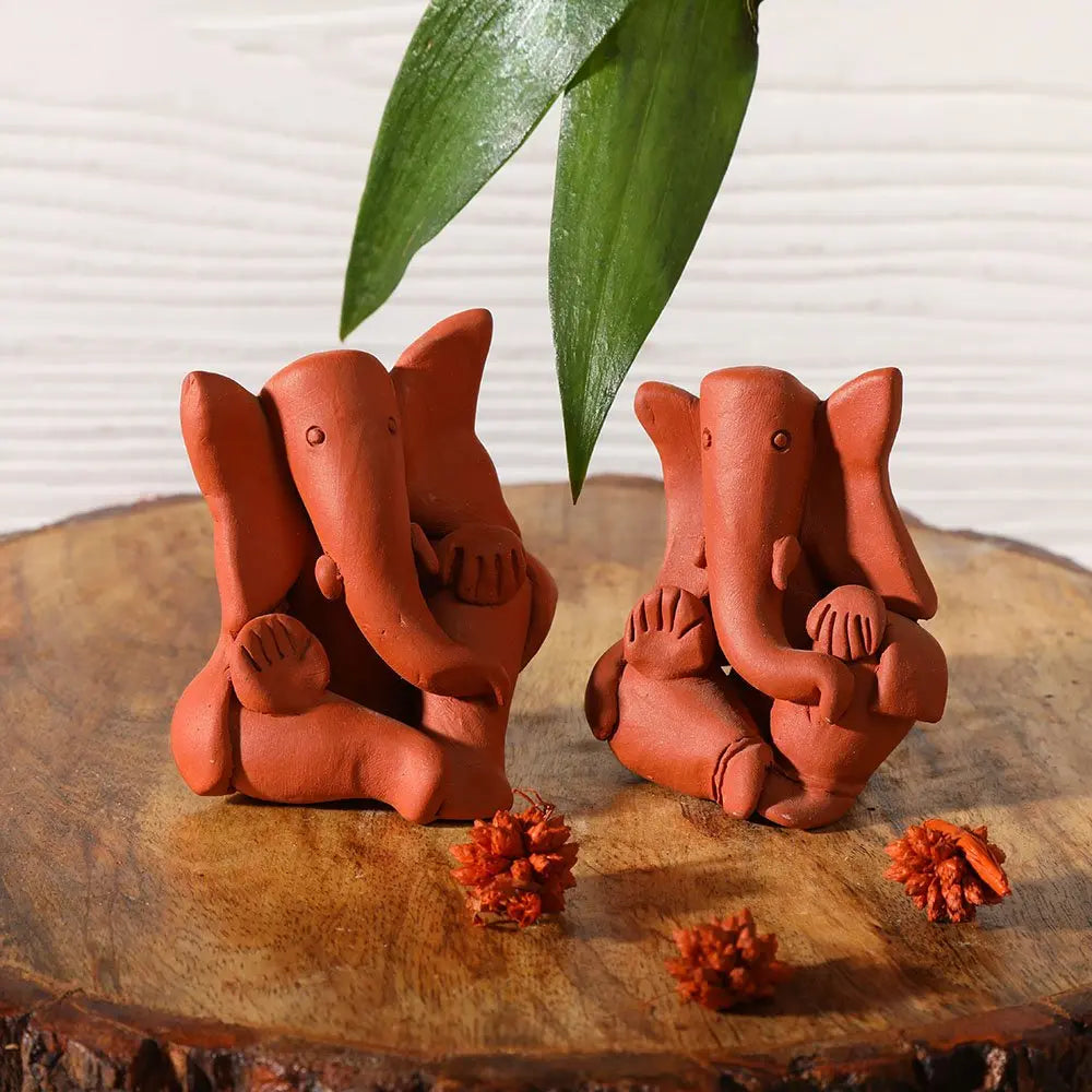 Terracotta Ganpati Sculpture Set, Lead-Free & Dishwasher Safe | Handmade Terracotta Ganpati Bappa sculpture Large Set of 2