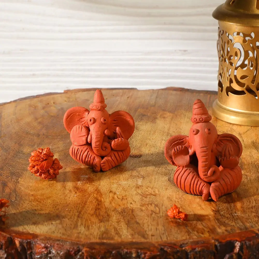 Terracotta Ganpati Sculpture Set | Handmade Terracotta Ganpati Bappa sculpture Small Set of 2