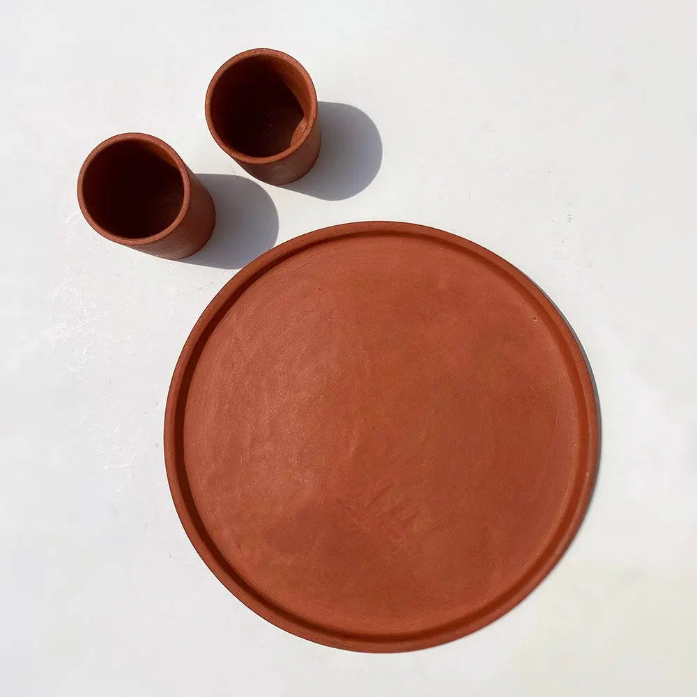 Handmade Terracotta Dinner Plate and Glass Set | Handmade Terracotta Large Organic Edge Dinner Plate and Glass Set