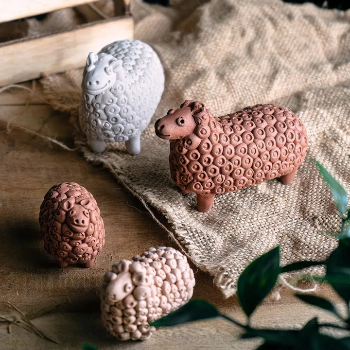 Terracotta Sheep Sculpture Set | Handmade Terracotta Large and Small Sheep Sculpture Set of 5