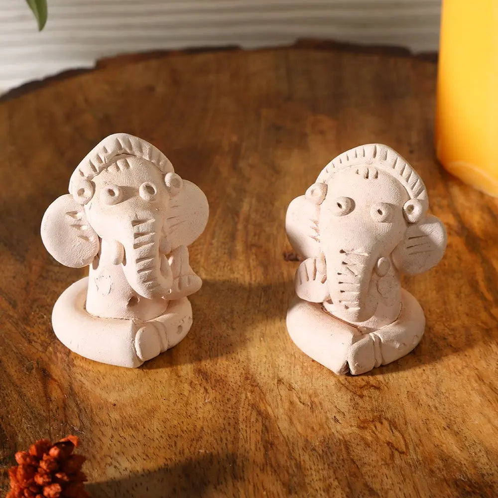 Small Terracotta Ganesh Sculpture Set | Handmade Terracotta Small Ganesh Sculpture Set of 2