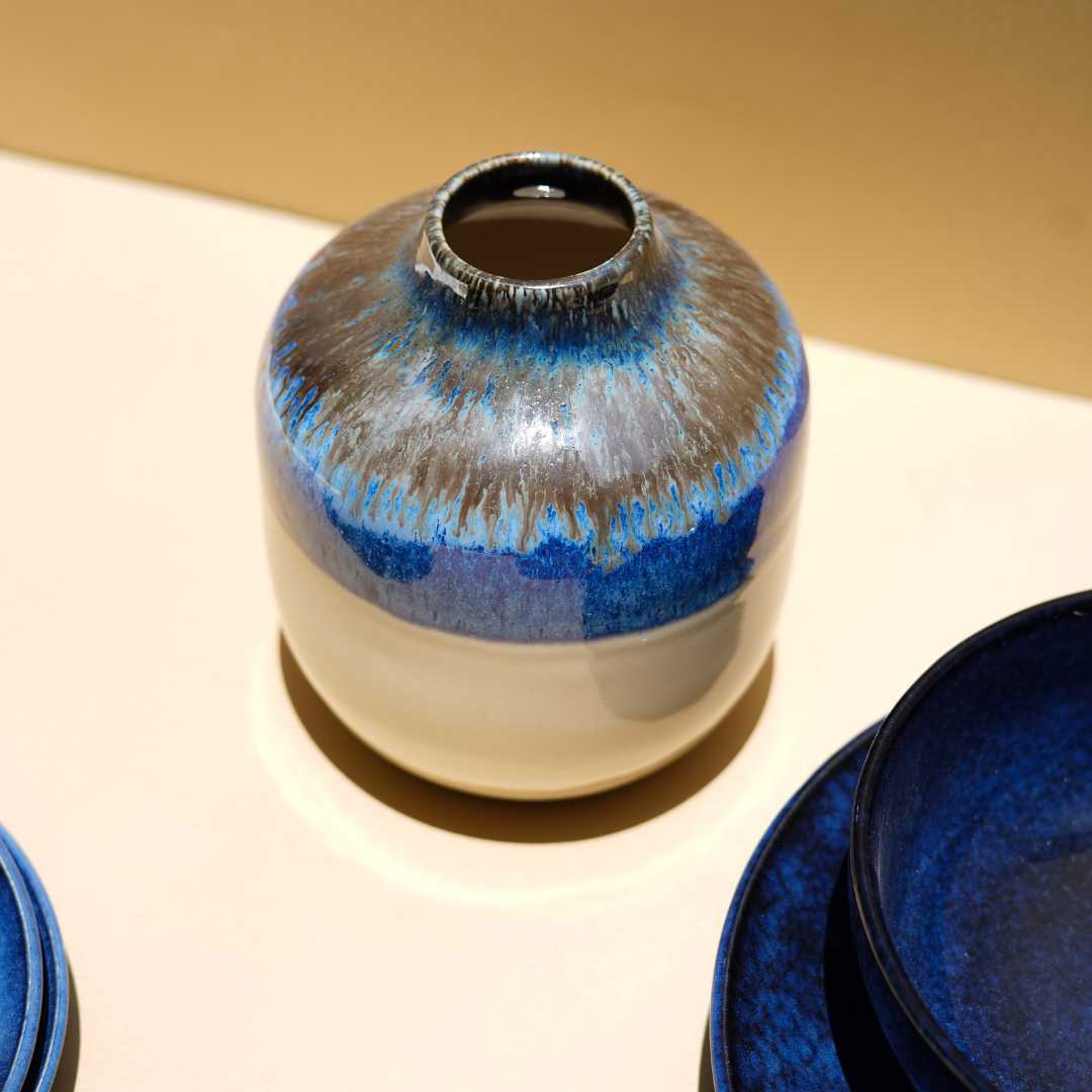 Blue-White Ceramic Vase, 6x6x7 | Handmade Ceramic Vase - Blue