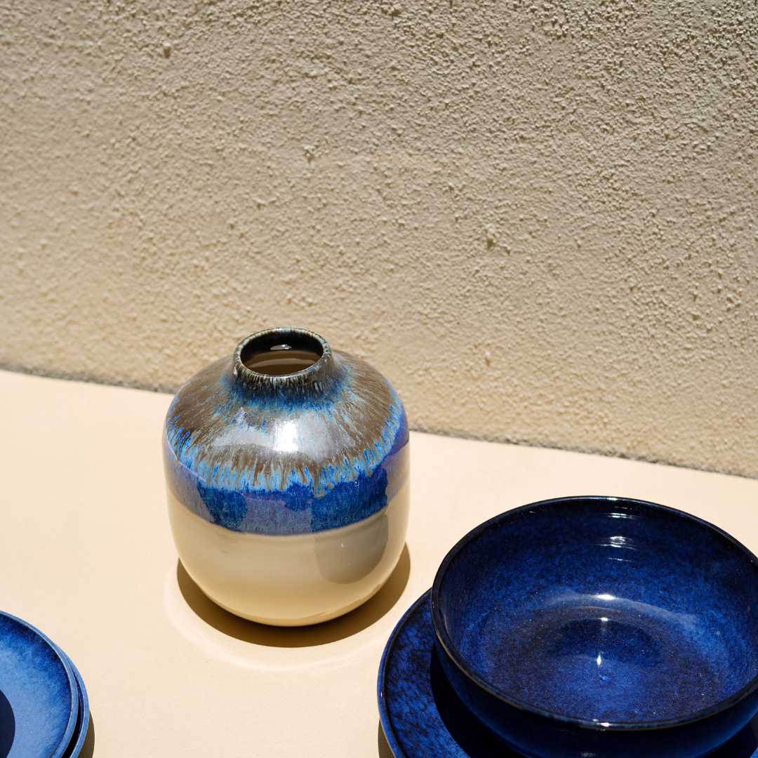 Blue-White Ceramic Vase, 6x6x7 | Handmade Ceramic Vase - Blue