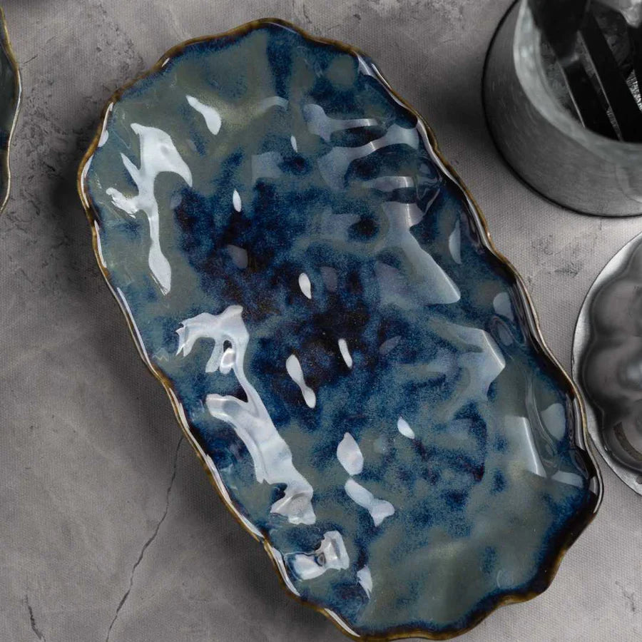 Blue Ceramic Rectangular Platter | Artistic Ceramic Medium Rectangular Platter - Blue