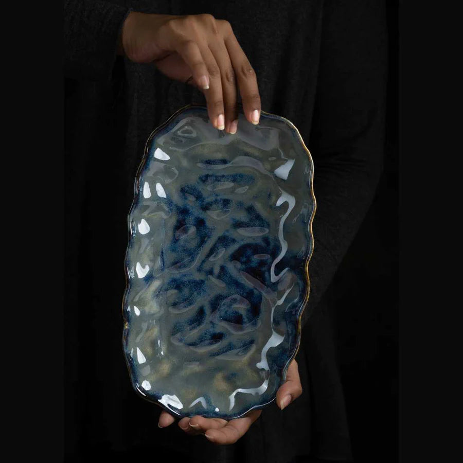 Blue Ceramic Rectangular Platter | Artistic Ceramic Small Rectangular Platter - Blue