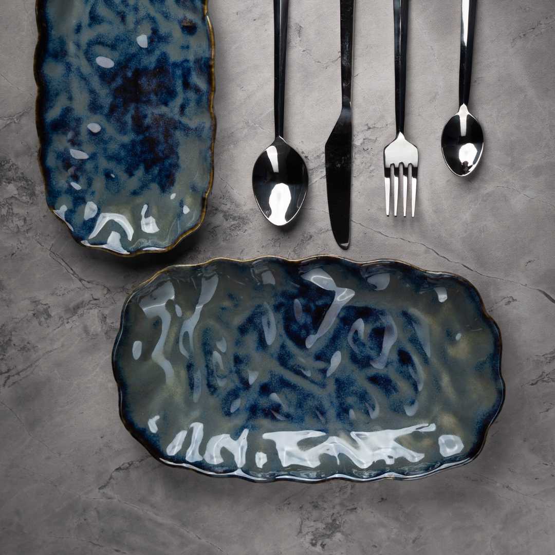 Blue Ceramic Rectangular Platter | Artistic Ceramic Small Rectangular Platter - Blue