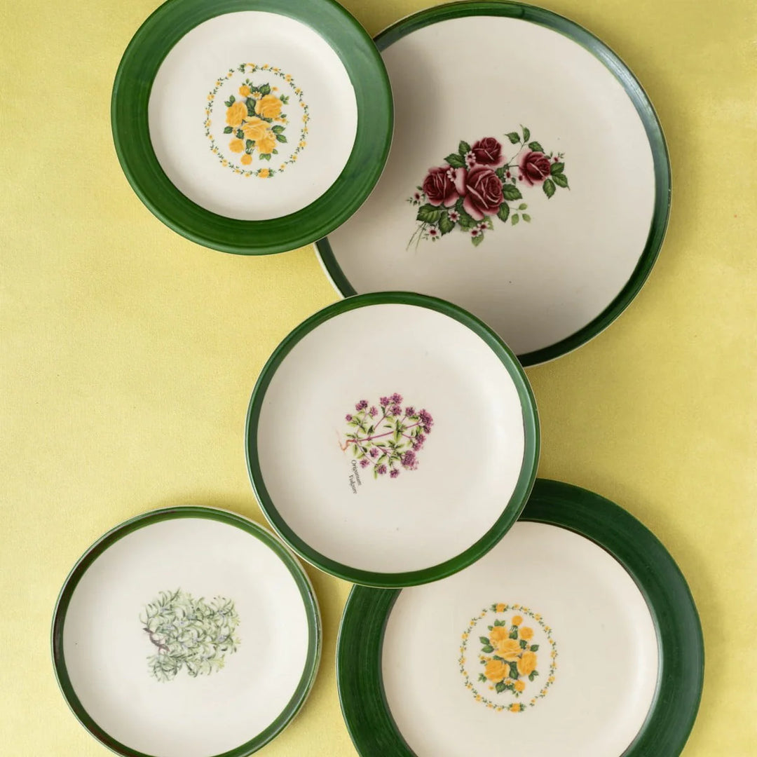 Nature-inspired Floral Wall Decor Plates | Handpainted Green Wall Decor Ceramic Plate Set of 5