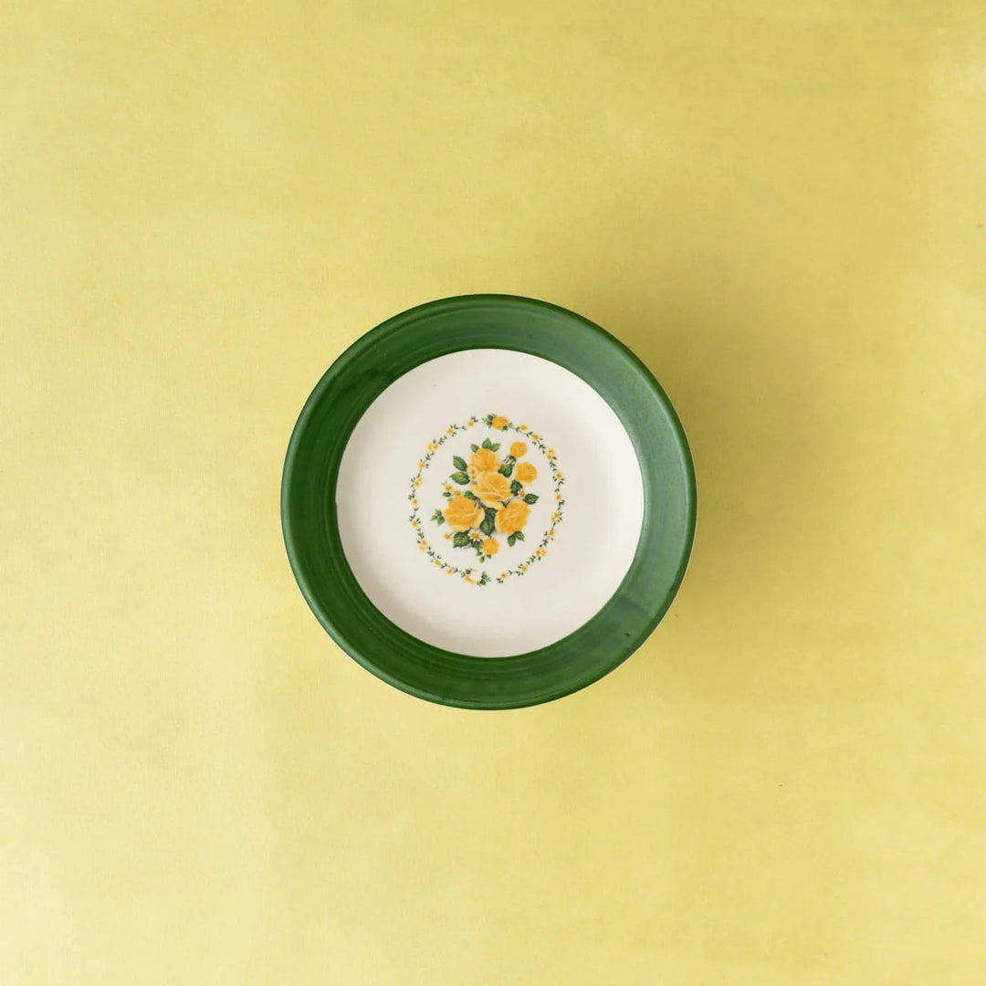 Green Ceramic Plate with Yellow Flower - Handmade | Handpainted Green Wall Decor Ceramic Plate Small - Yellow Flower