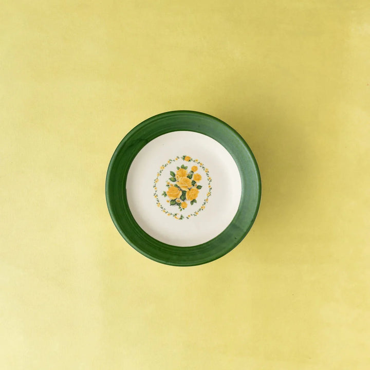 Green Ceramic Plate with Yellow Flower - Handmade | Handpainted Green Wall Decor Ceramic Plate Small - Yellow Flower