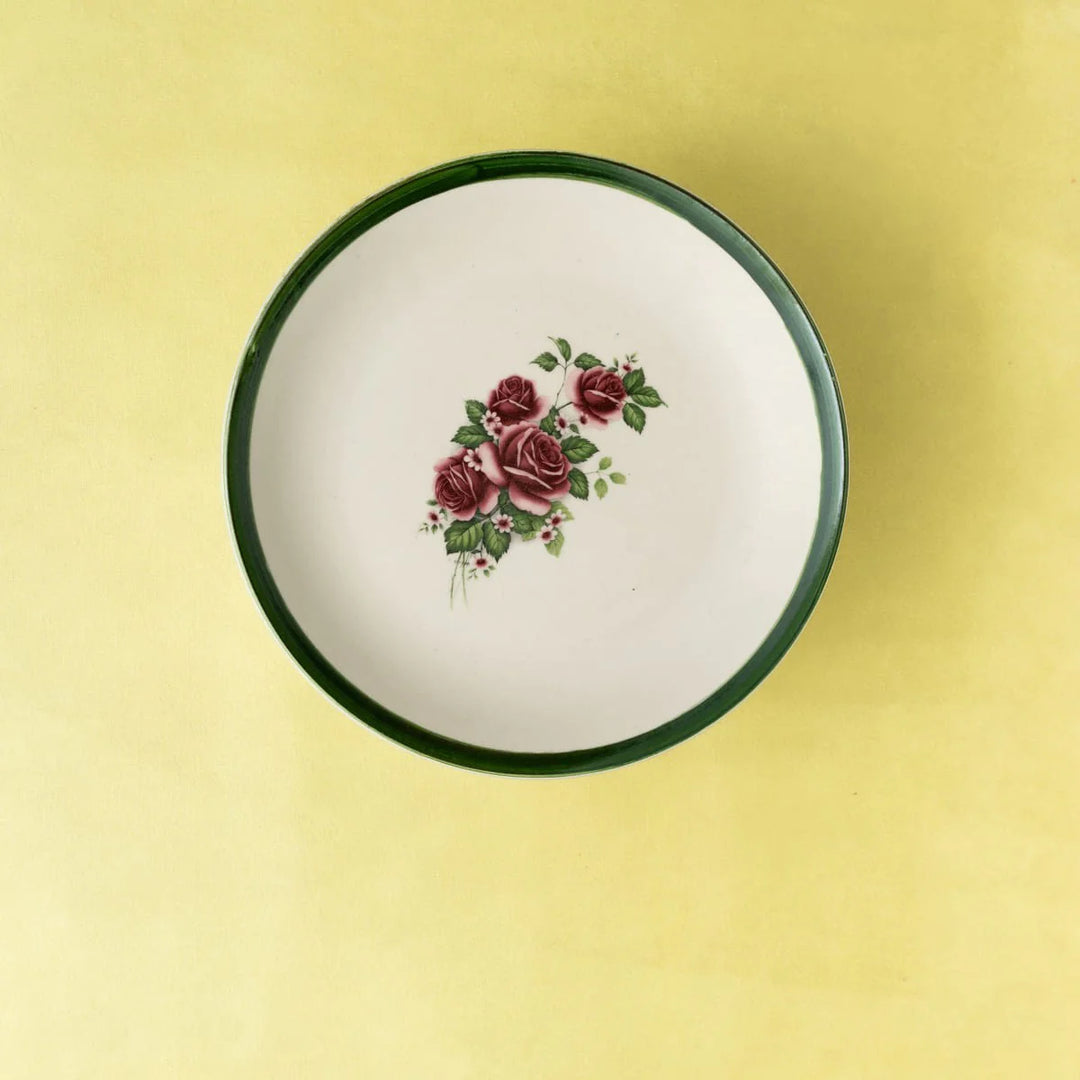 Ceramic Red Flower Wall Plate | Handpainted Green Small Border Wall Decor Ceramic Plate