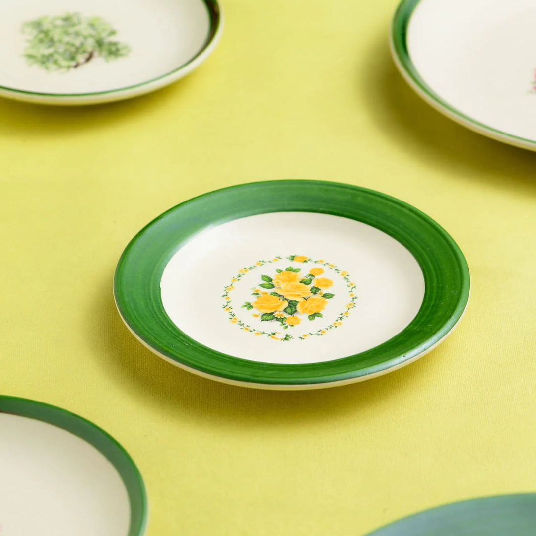 Green Ceramic Plate with Yellow Flower - Handmade | Handpainted Green Wall Decor Ceramic Plate Small - Yellow Flower