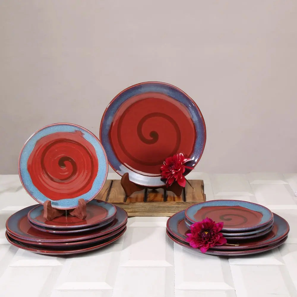 Red Ceramic Dinner Set | Handmade Ceramic Dinner & Salad Plate Set of 12 Pcs