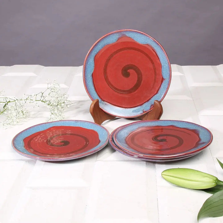 Ceramic Quarter Plates with Double Glaze Spirals | Handmade Ceramic Quarter Dinner Plates - Red