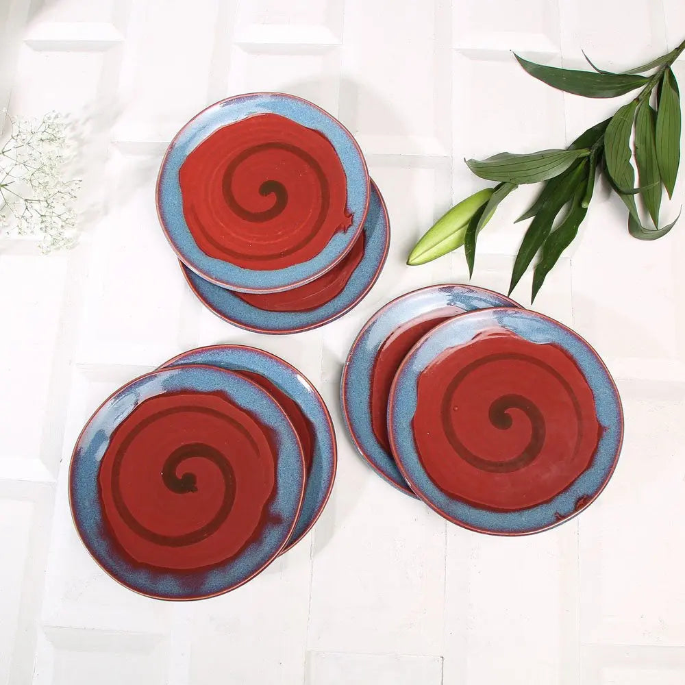 Ceramic Quarter Plates with Double Glaze Spirals | Handmade Ceramic Quarter Dinner Plates - Red