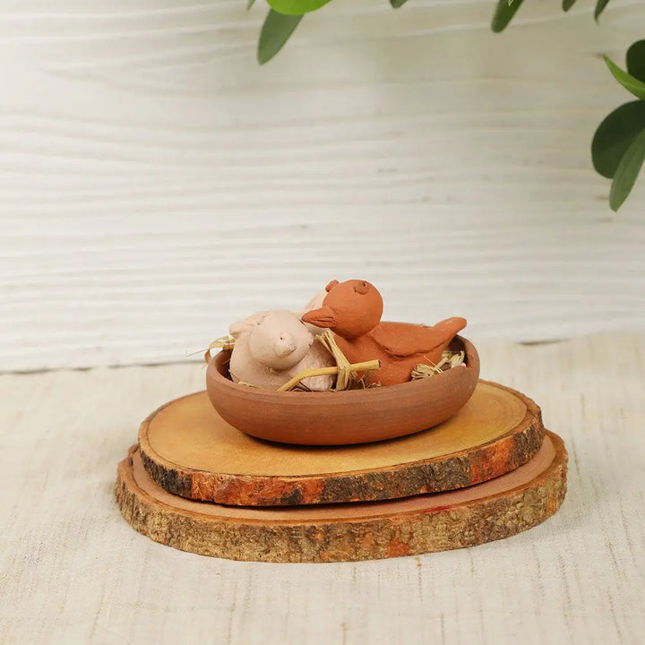 Terracotta Bird Sculpture Set | Handmade Terracotta Bird Sculpture with Nest Set of 3