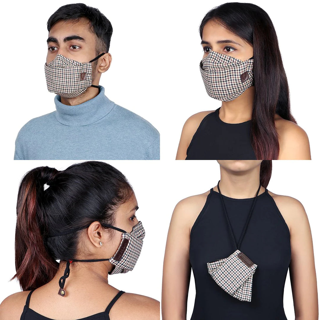 Checked Lining Face Mask | Breathable Cotton Mask with Leather Accents