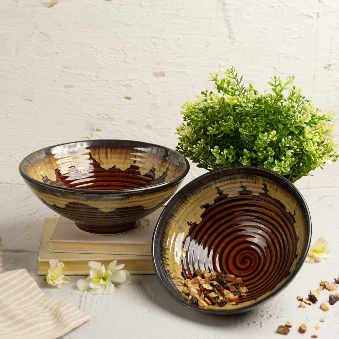 7 Handmade Ceramic Serving Bowl - Caramel Swirl Design | Handmade Ceramic Serving Bowl - Multi Color