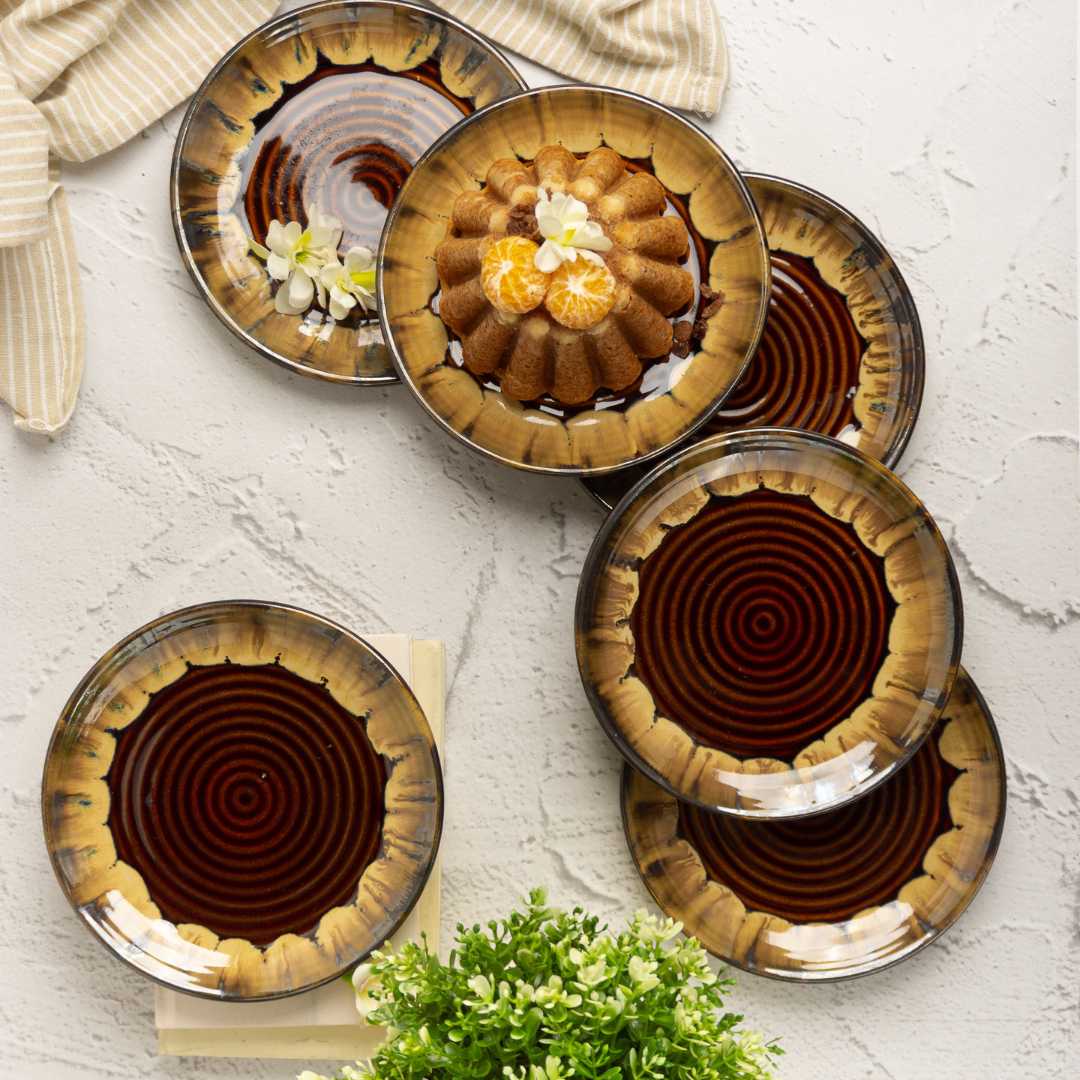 10-inch Colorful Floral Ceramic Plates | Handmade Premium Ceramic Dinner Plate Set - Brown