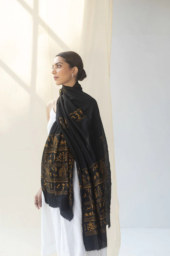 Meira Black Cashmere Stole | Meira Handwoven Cashmere Kantha Embroidery Stole - Black