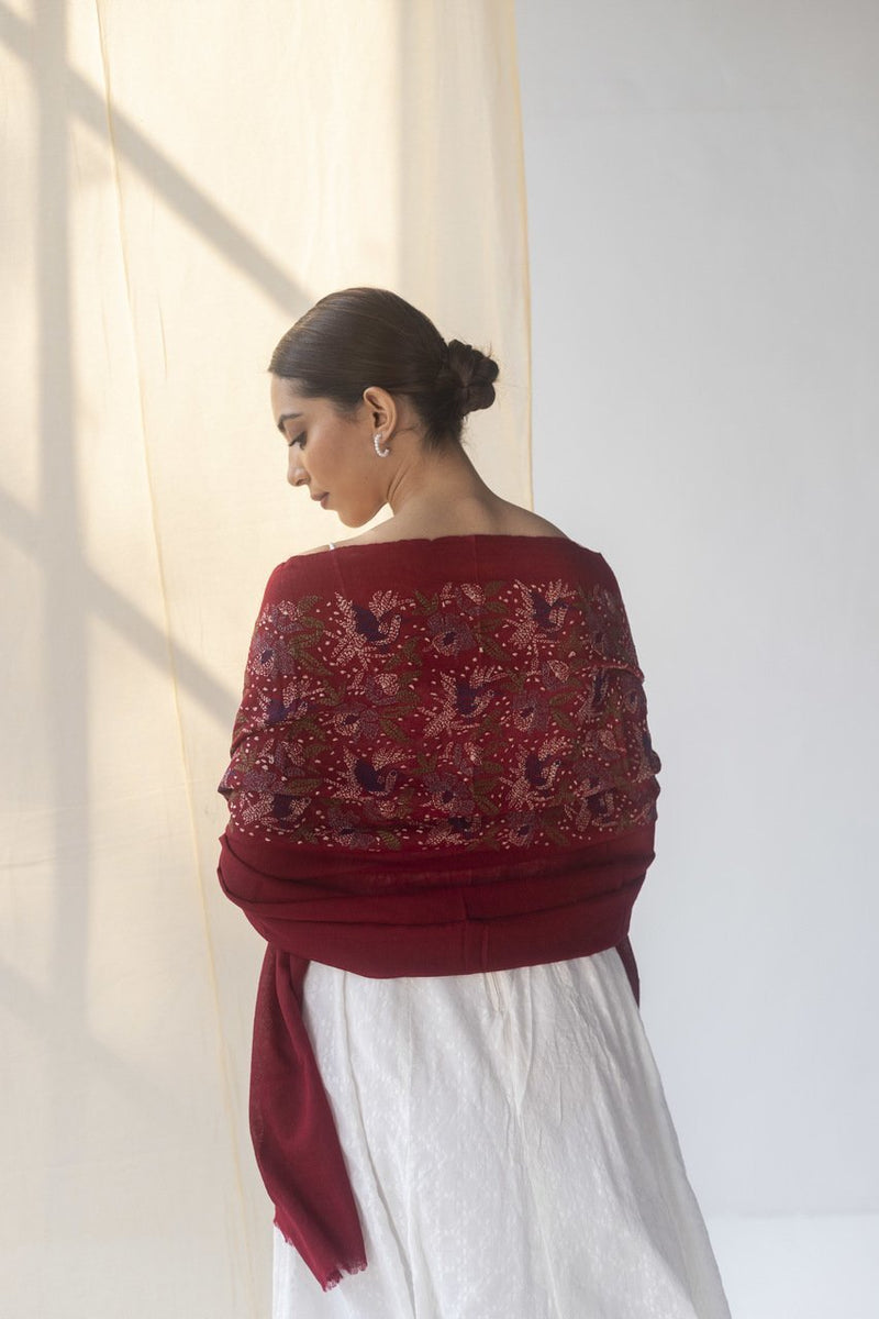 Maroon Bird Garden Cashmere Stole - Handwoven Luxury with Embroidery | Bird Garden Cashmere Stole - Maroon