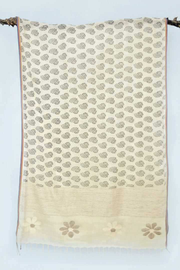 Reflective Art Cotton Stole with Flower Print | Meld Cotton Handwoven Stole - White
