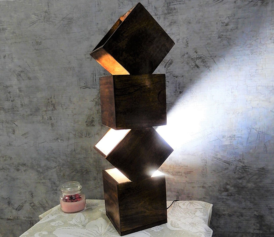 Handcrafted Sheesham Wood Table Lamp with Multicolored Accents and Black Shade