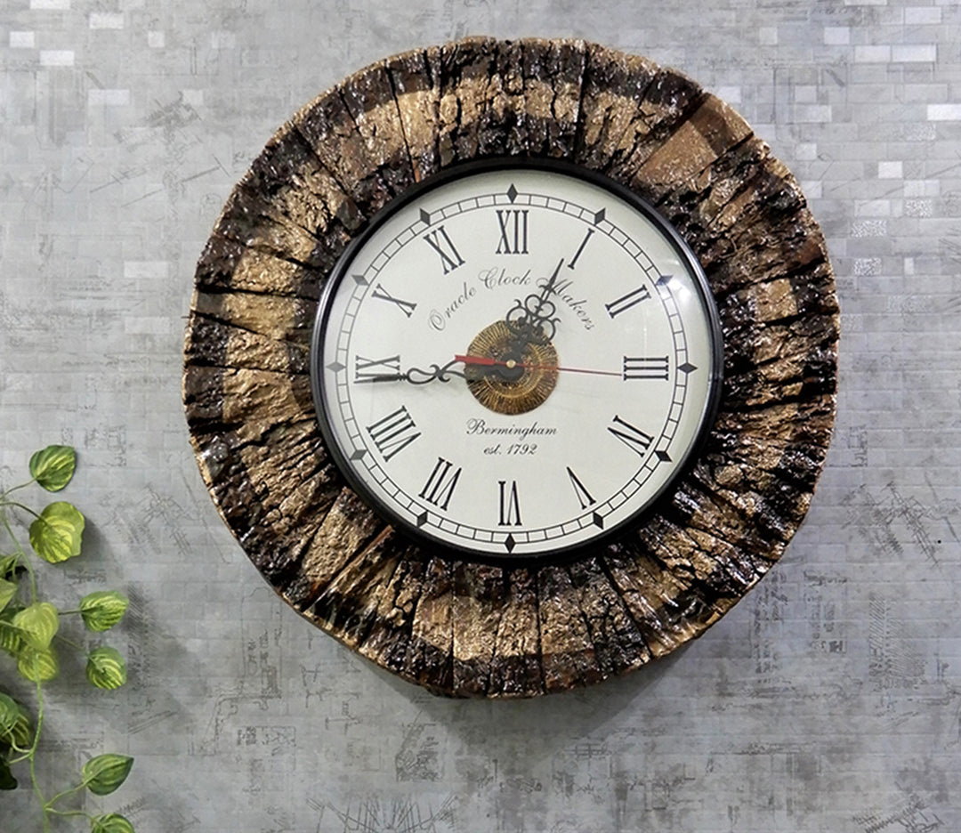 Golden Brown Wood Bark Round Wall Clock