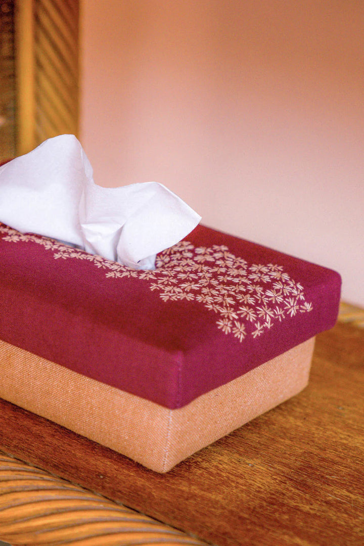 Handwoven Floral Tissue Box | Scarlet Handwoven Tissue Box - Maroon