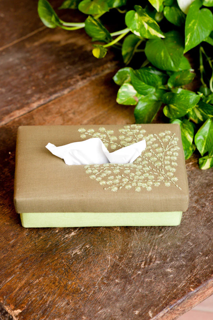 Green Handwoven Tissue Box with Japanese Embroidery | Colma Handwoven Tissue Box - Green