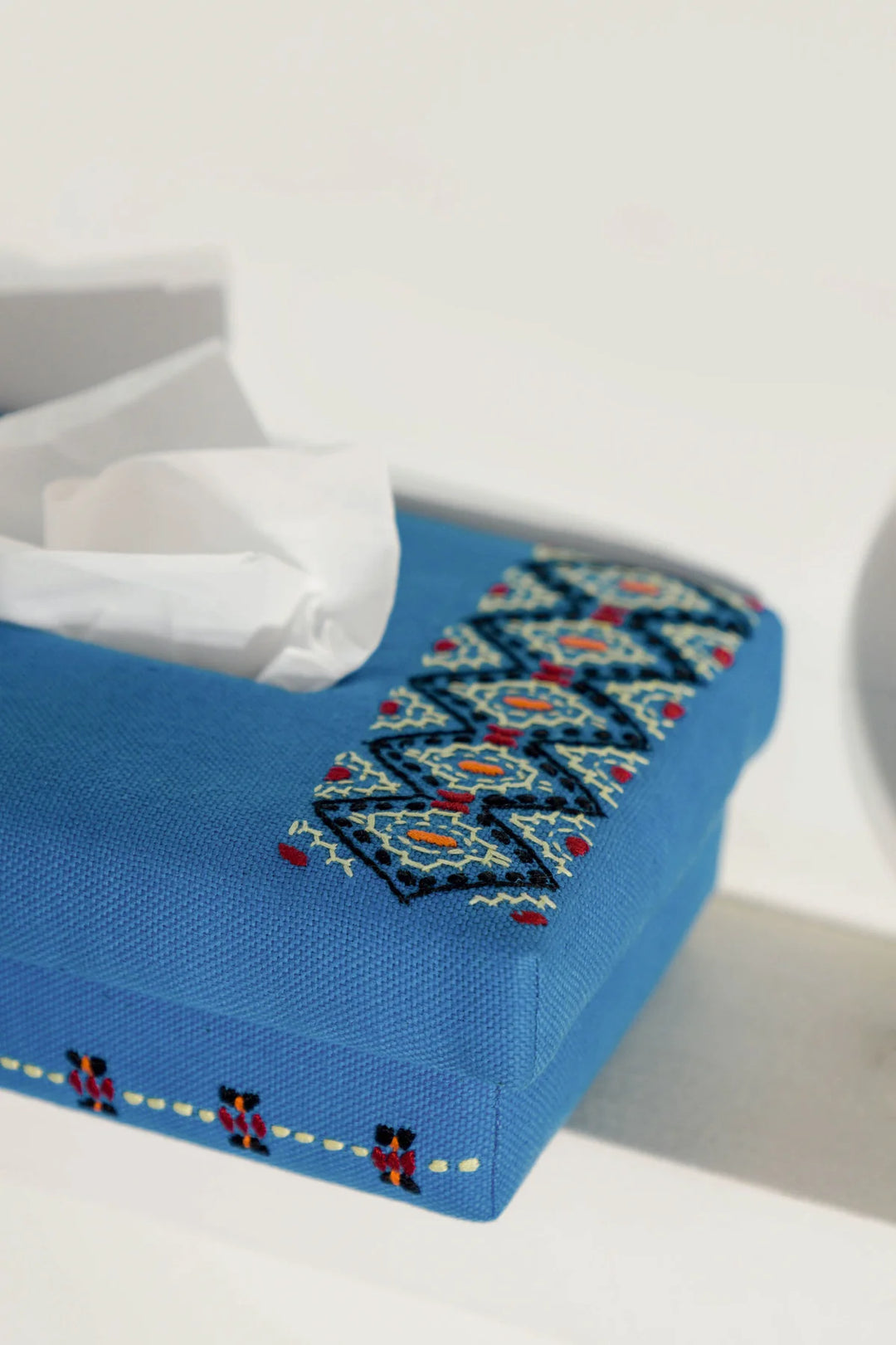 Blue Handwoven Cotton Tissue Box with Embroidery | Alba Handwoven Tissue Box - Blue