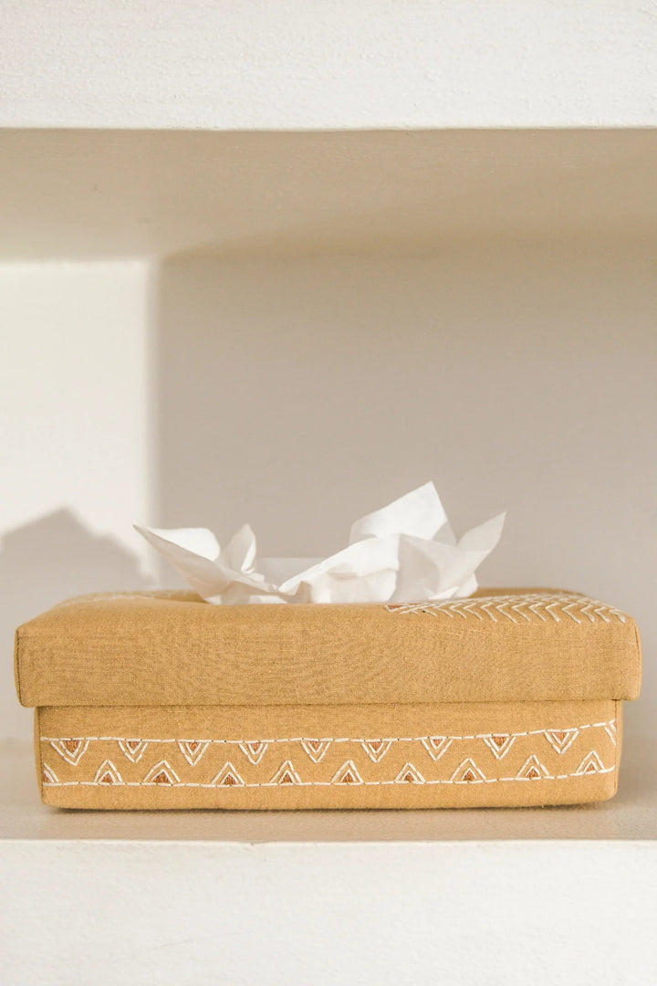 Yellow Tissue Box with Aztec Embroidery | Zea Handwoven Tissue Box - Yellow