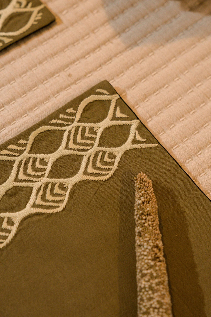 Embroidered Table Mats - Set of 6 | Elias Handwoven Table Mats - Set Of 6 Pcs - Olive Green & Brown