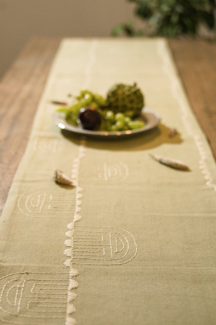 Tea Green Cotton Table Runner with Embroidered Maze Design | Felice - Handwoven Table Runner - Tea Green
