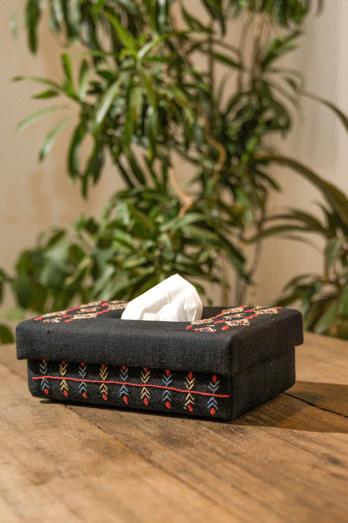 Black Handwoven Cotton Tissue Box with Embroidery | Helen Handwoven Tissue Box - Black