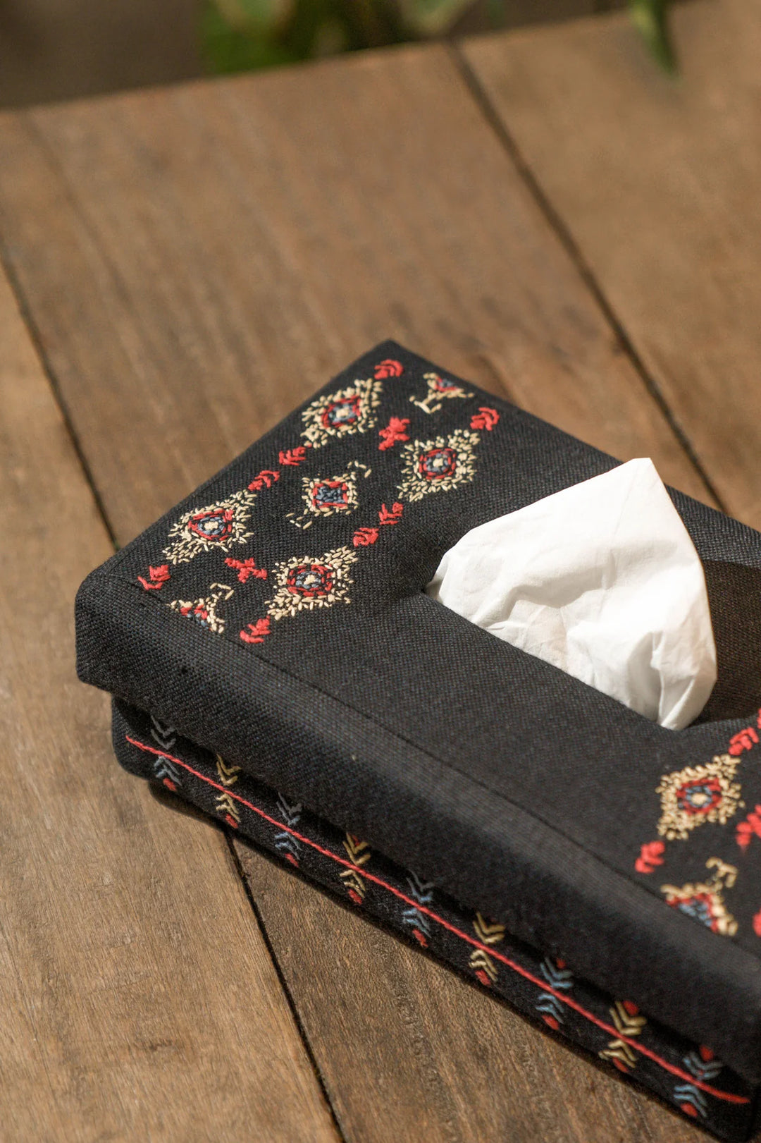 Black Handwoven Cotton Tissue Box with Embroidery | Helen Handwoven Tissue Box - Black