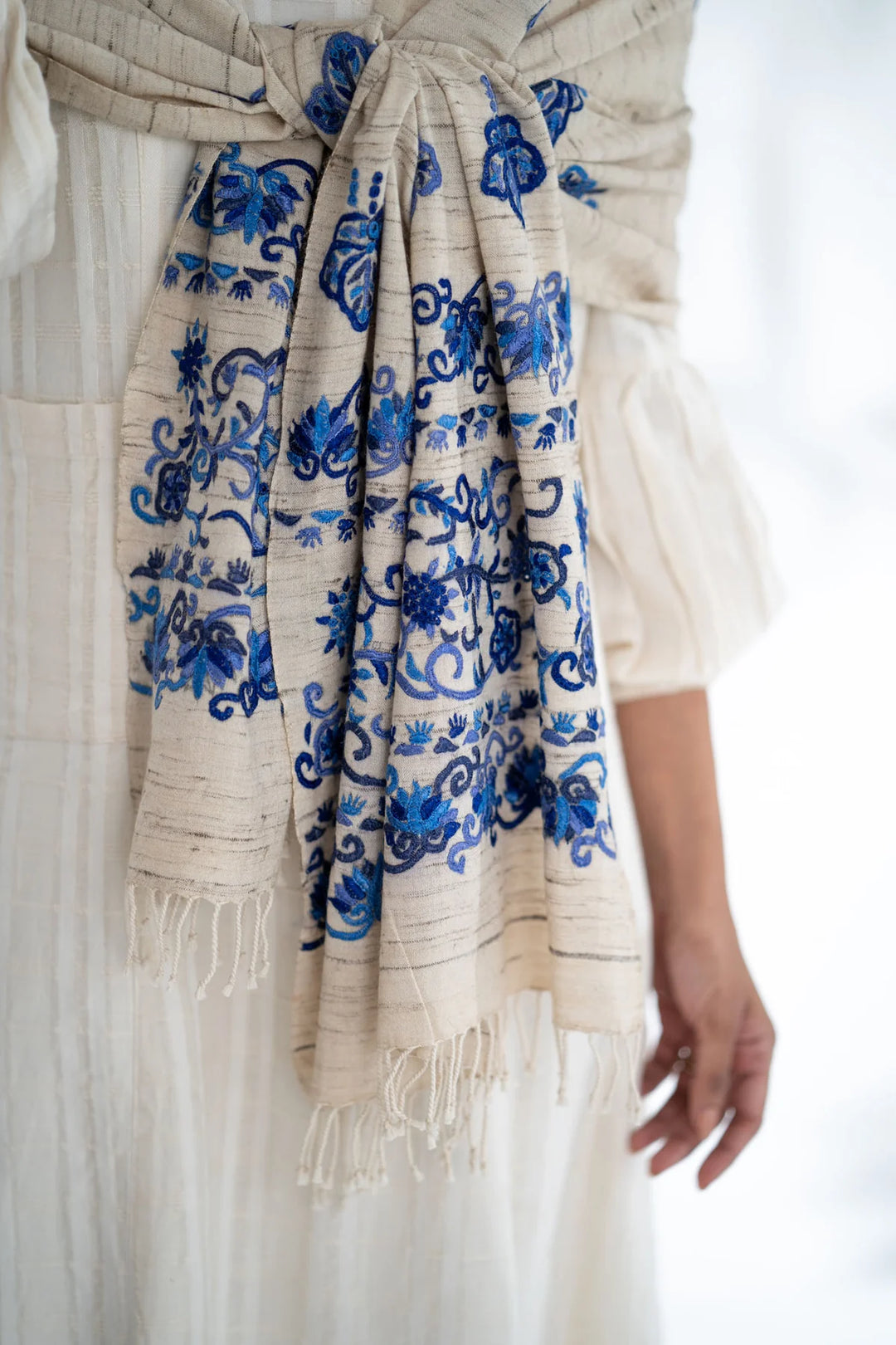 Silk Stole in Off-White & Blue - Elegant and Versatile | Ebullient Ghicha Silk Stole - Off-white & Blue