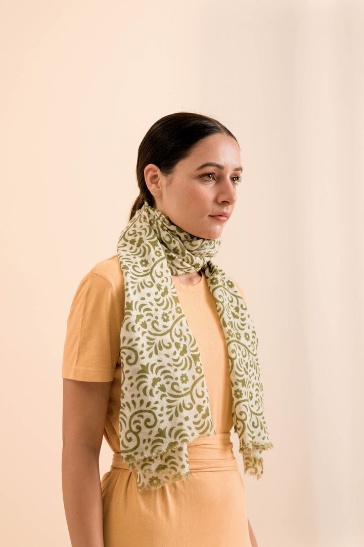 White and Green Floral Stole - Hand-Screen Print, Dry Clean Only | Lana Soft Cashmere Stole - White & Green