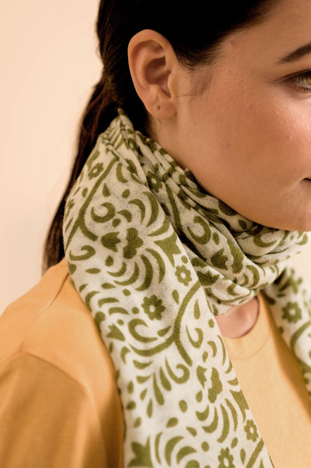 White and Green Floral Stole - Hand-Screen Print, Dry Clean Only | Lana Soft Cashmere Stole - White & Green