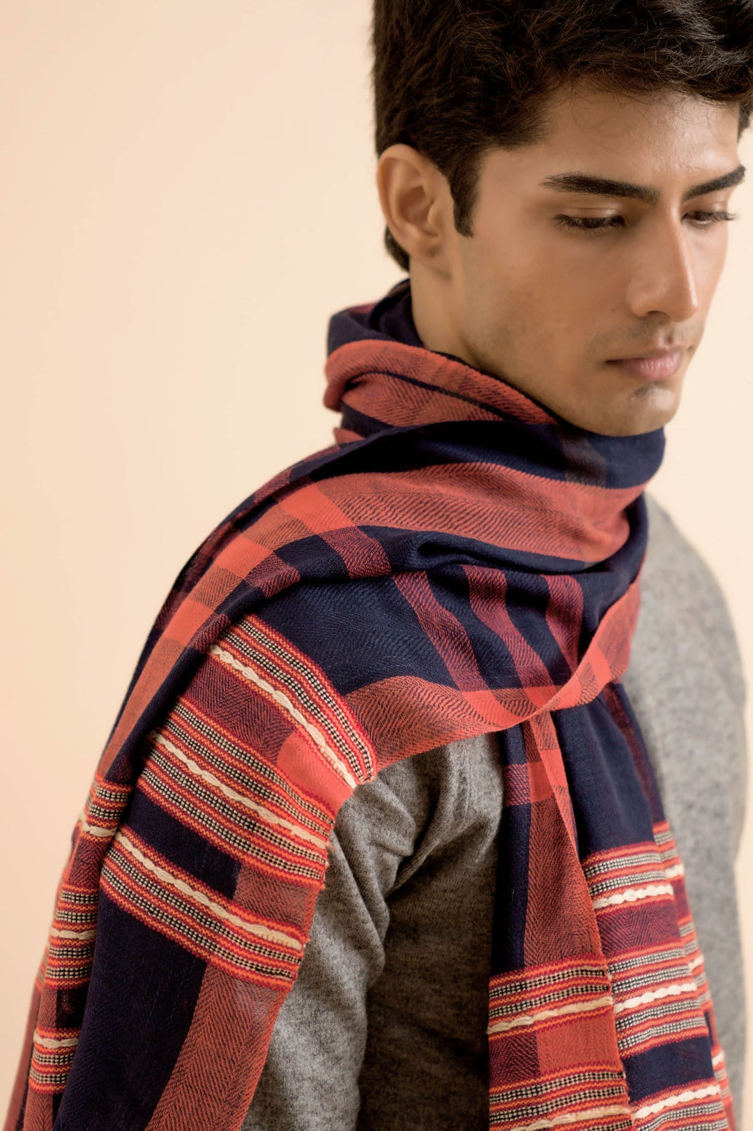 Handwoven Cashmere Stole in Dark Blue and Red | Jose Soft Cashmere Stole - Dark Blue & Red