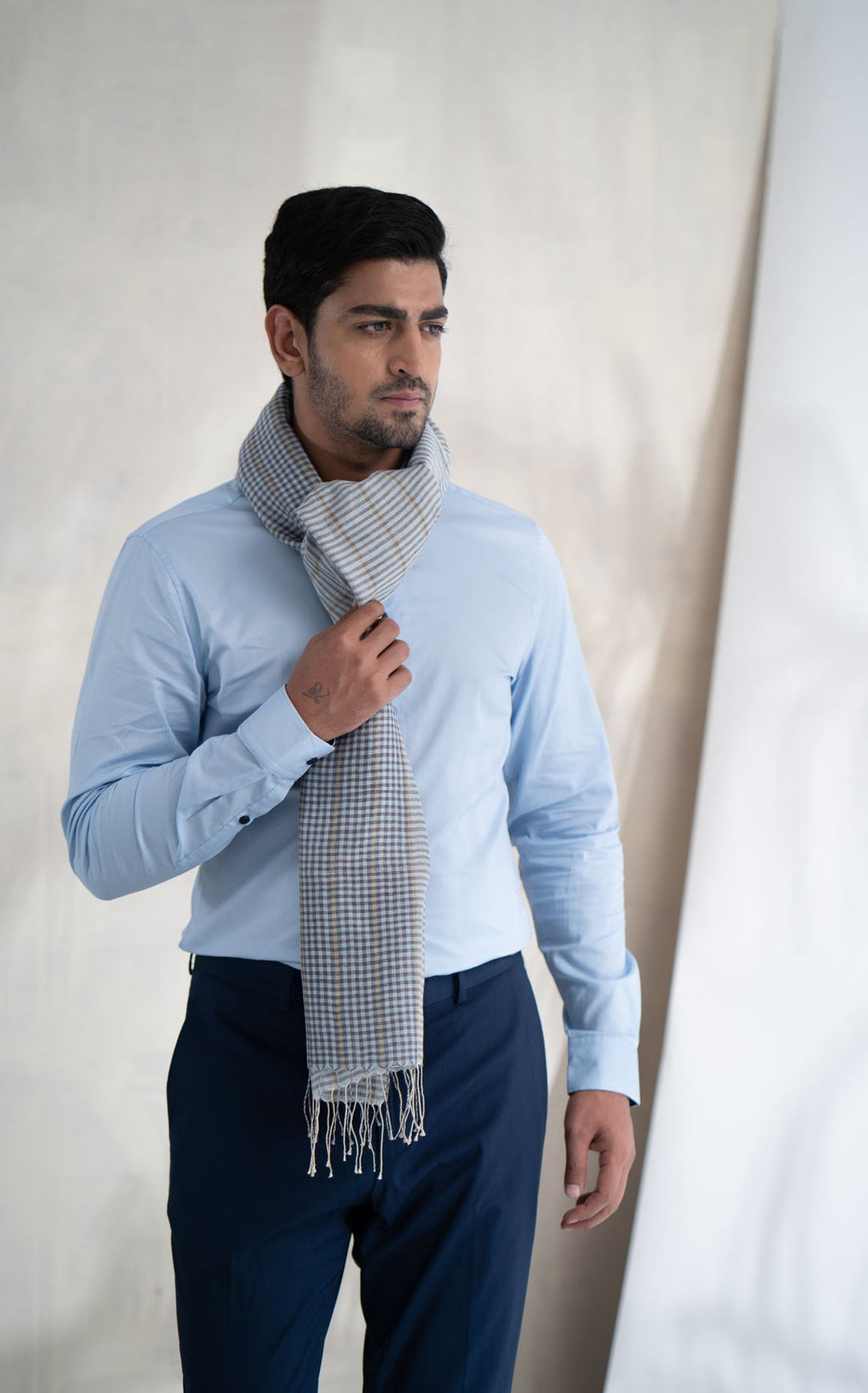 Blue Checkered Cotton Stole for Versatile Fashion | Check Mate Handwoven Cotton Stole - Blue & Brown