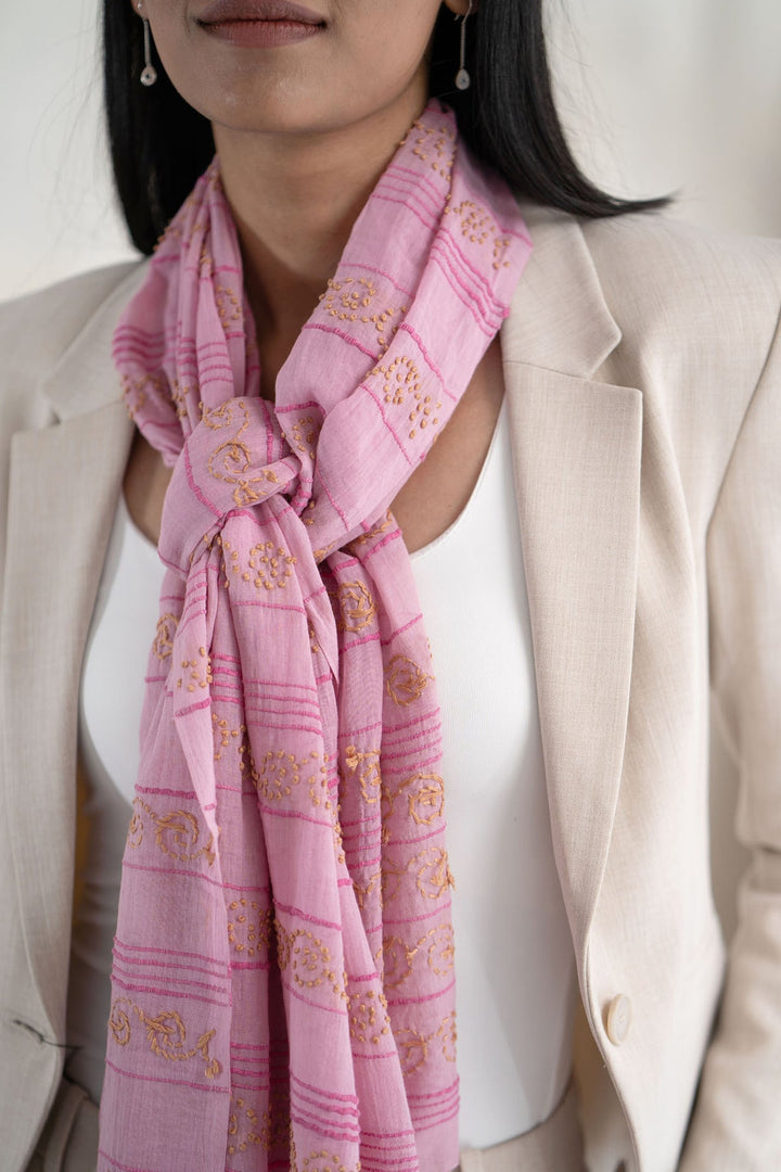 Pink Cotton Stole with Kantha Embroidery | Windsand Handwoven Cotton Stole - Pink
