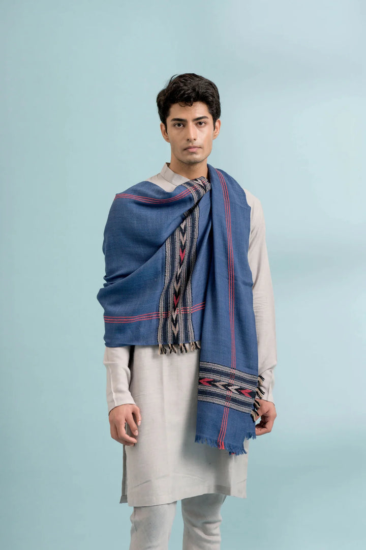 Blue Cashmere Stole with Hand Embroidery | Sisko Handwoven Soft Cashmere Stole - Blue