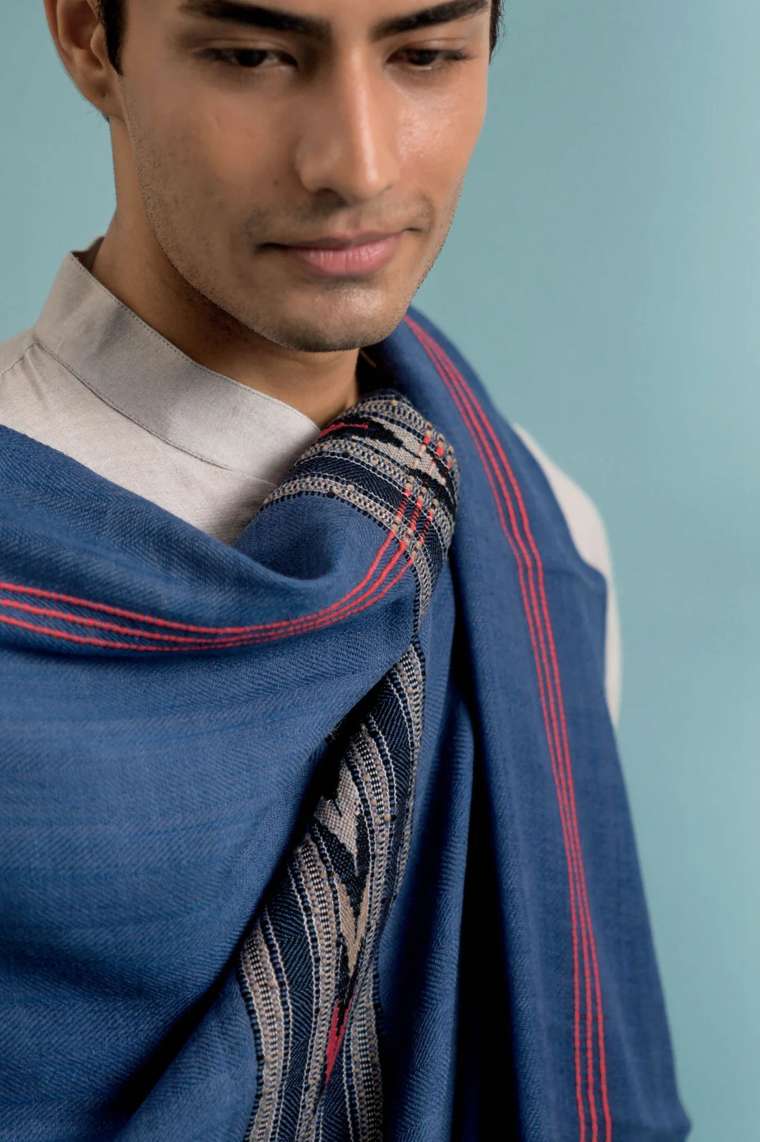 Blue Cashmere Stole with Hand Embroidery | Sisko Handwoven Soft Cashmere Stole - Blue